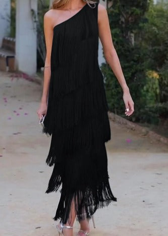 Emilia Glamorous One-Shoulder Fringe Dress