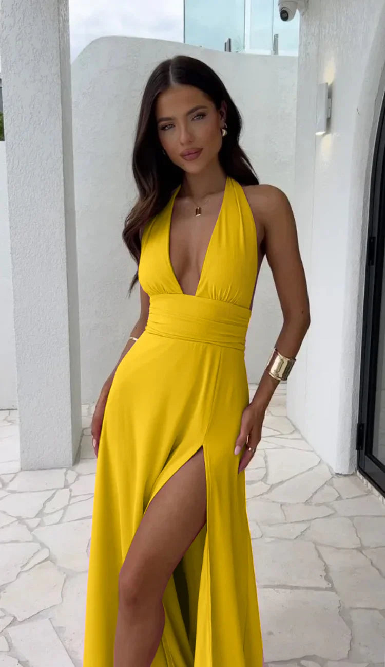 Deep V-Neck Dress with Split