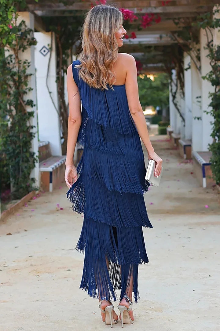 Emilia Glamorous One-Shoulder Fringe Dress