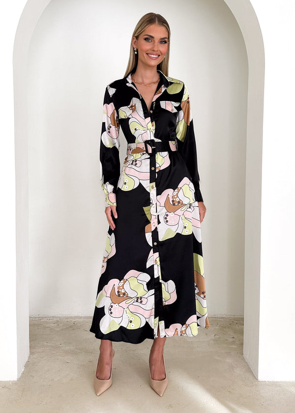 Printed Buttoned Maxi Dress with Collars and Belt