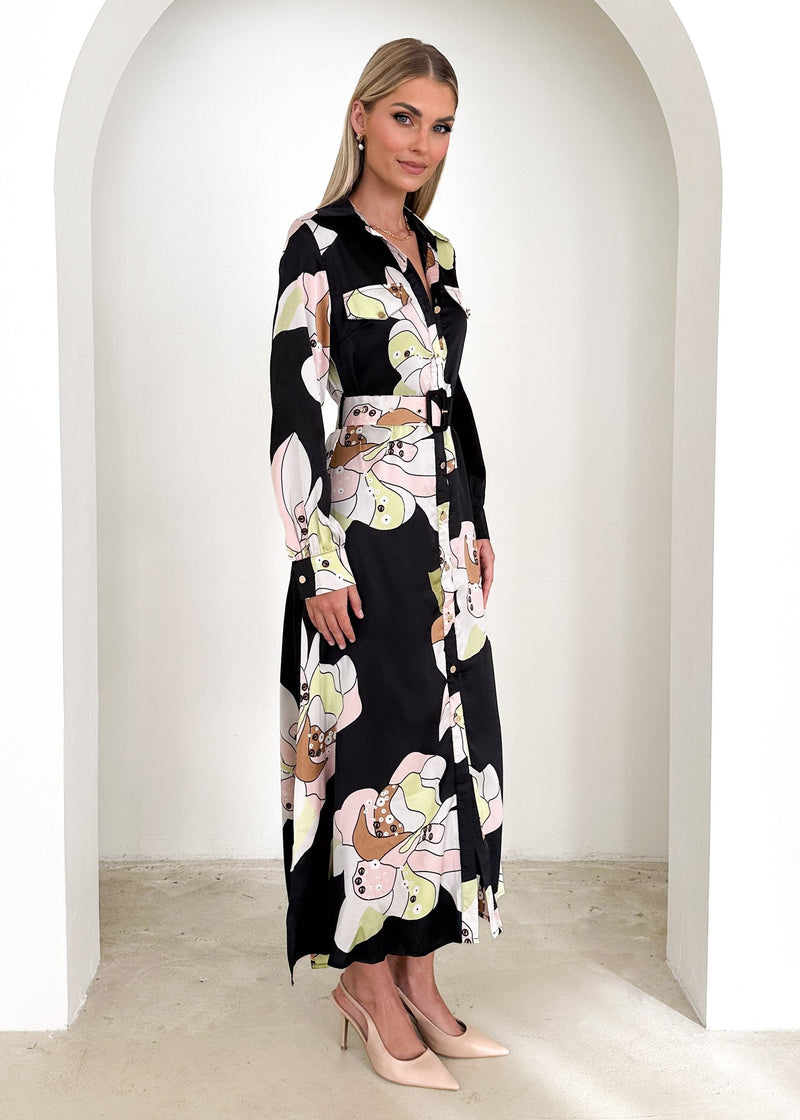 Printed Buttoned Maxi Dress with Collars and Belt