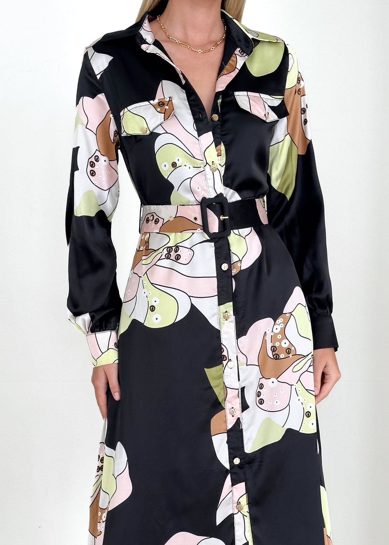 Printed Buttoned Maxi Dress with Collars and Belt