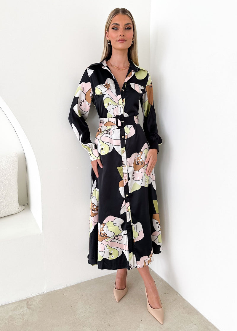 Printed Buttoned Maxi Dress with Collars and Belt