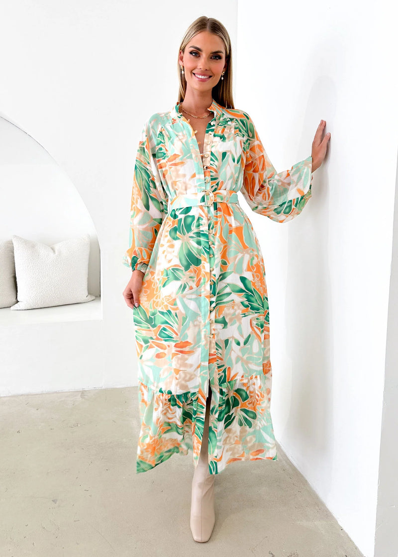 Patterned Buttoned Maxi Dress with Belt