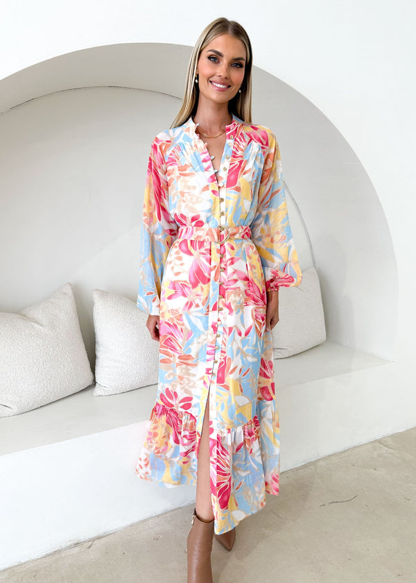 Patterned Buttoned Maxi Dress with Belt