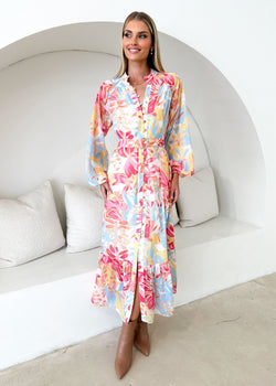 Patterned Buttoned Maxi Dress with Belt