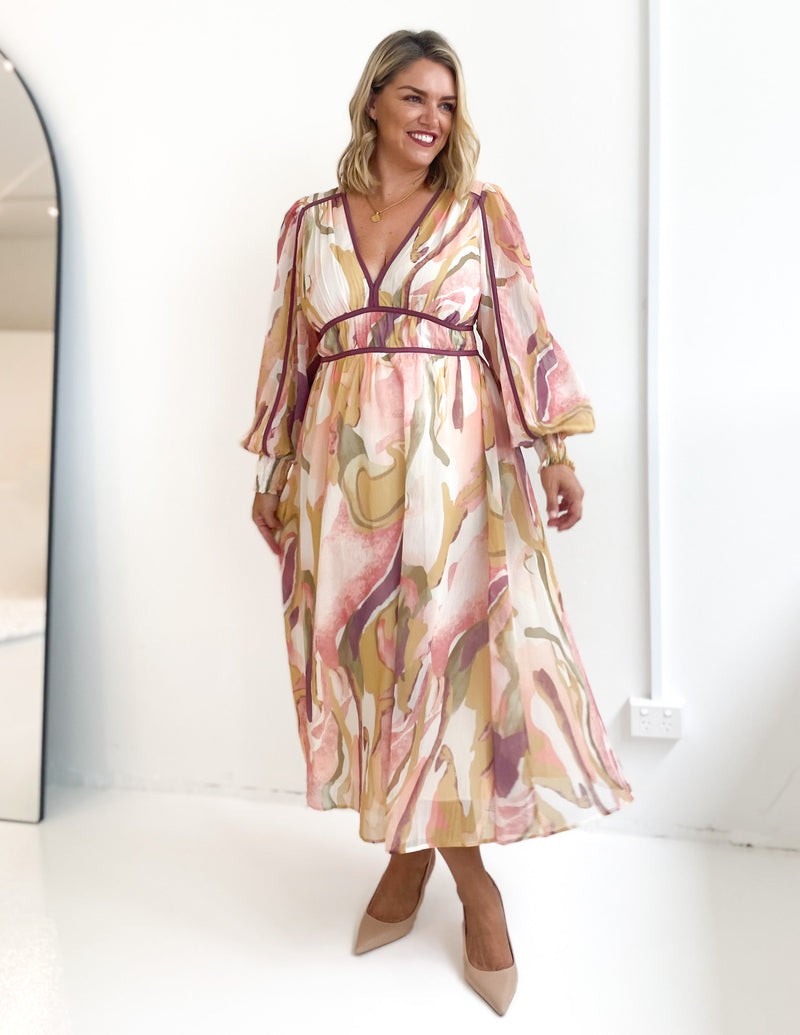 Cuff Sleeve Patterned Maxi Dress