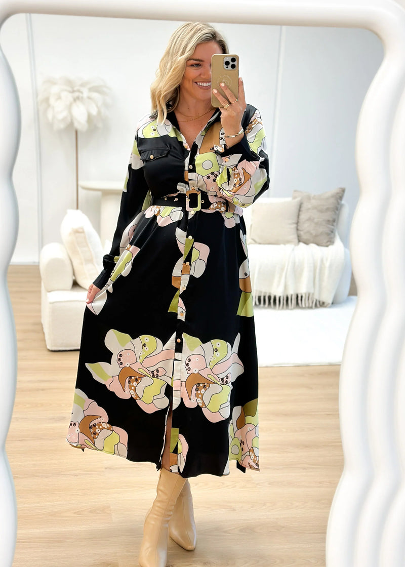 Printed Buttoned Maxi Dress with Collars and Belt