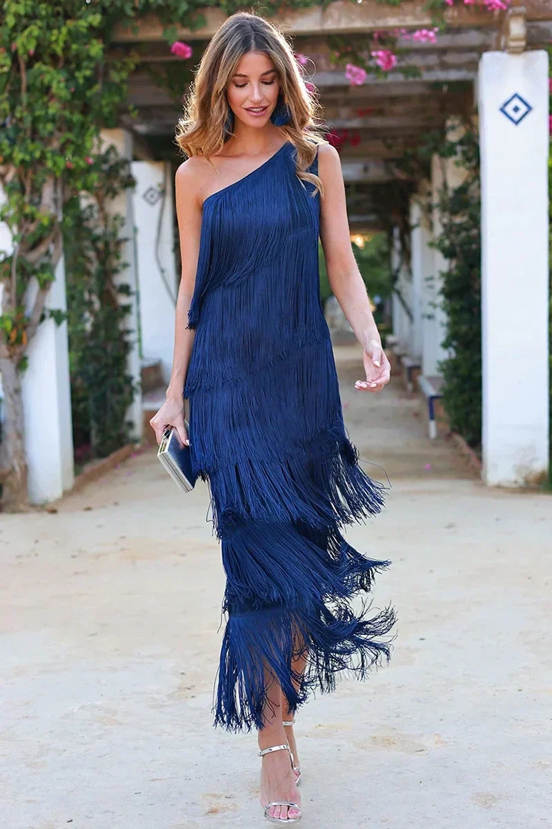 Emilia Glamorous One-Shoulder Fringe Dress