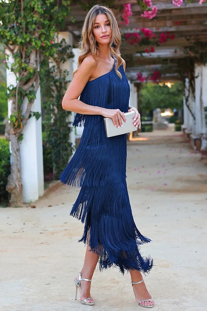 Emilia Glamorous One-Shoulder Fringe Dress