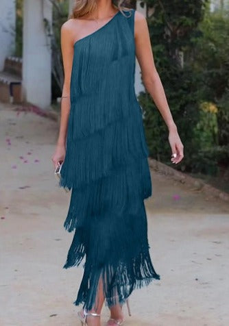 Emilia Glamorous One-Shoulder Fringe Dress